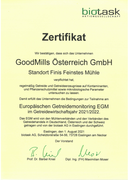 Biotask-Zertifikat EGM Fini’s Feinstes Mühle
