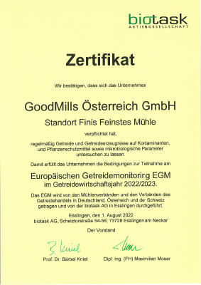 Biotask-Zertifikat EGM Fini’s Feinstes Mühle